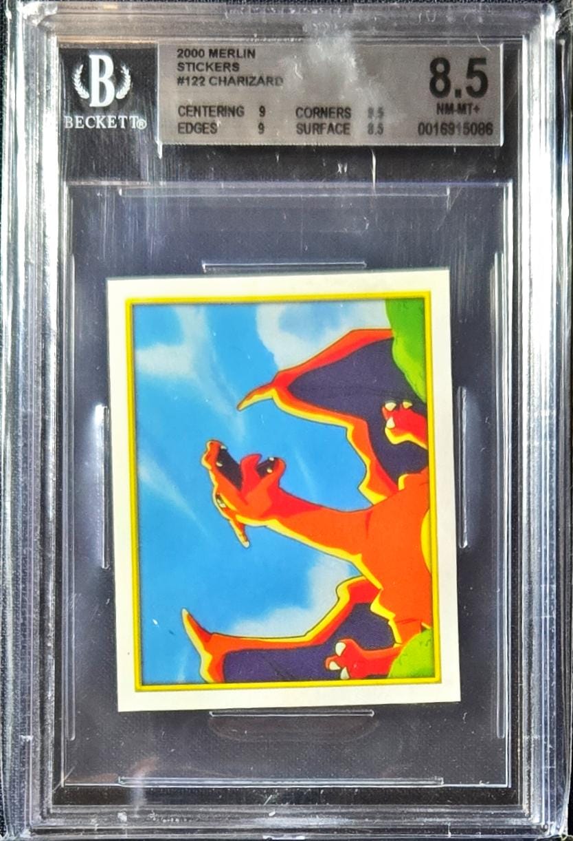 Charizard Merlin Sticker 2000 Merlin Stickers Charizard - 122 - Beckett 8.5 NM – Aniware-Sealed